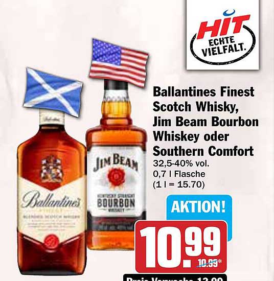 Ballantines Finest Scotch Whisky, Jim Beam Bourbon Whiskey oder Southern Comfort