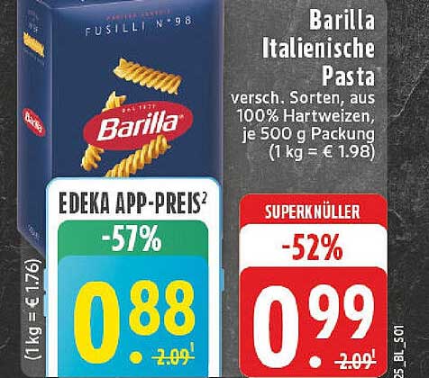 Barilla Italienische Pasta Fusilli N° 98, 500 g