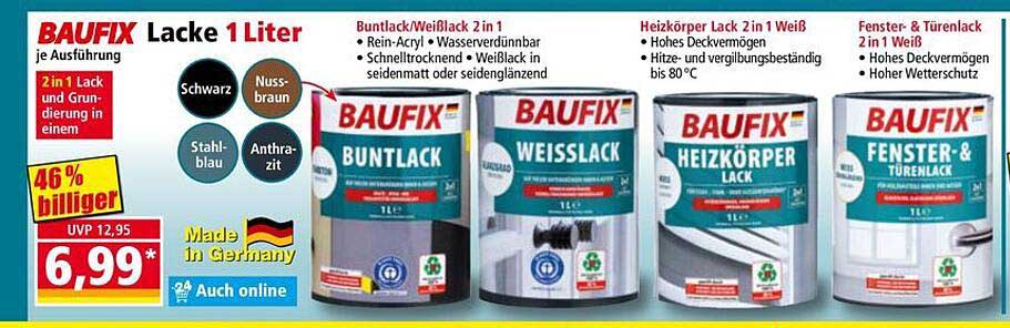 BAUFIX Lacke 1 Liter - 2 in 1 Lack und Grundierung