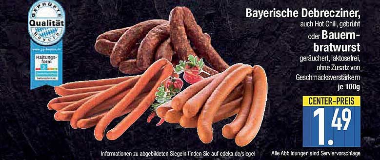 Bayerische Debreciner, auch Hot Chili, gebrüht oder Bauernbratwurst