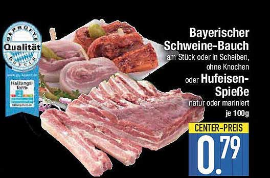 Bayerischer Schweine-Bauch am Stück oder in Scheiben, ohne Knochen oder Hufeisen-Spieße, natur oder mariniert je 100g