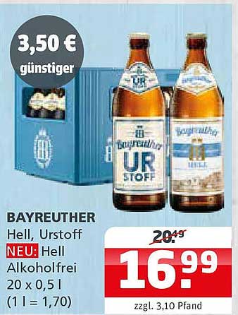 BAYREUTHER Hell, Urstoff - Neu: Hell Alkoholfrei 20 x 0,5 l