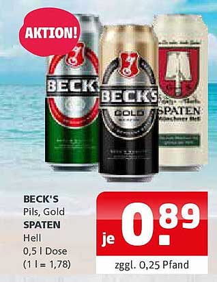 BECK'S Pils, Gold Spaten Hell 0,5 l Dose (1 l = 1,78)
