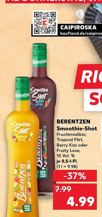 BERENTZEN Smoothie-Shot Fruchtmixlikör, Tropical Flirt, Berry Kiss oder Fruity Love