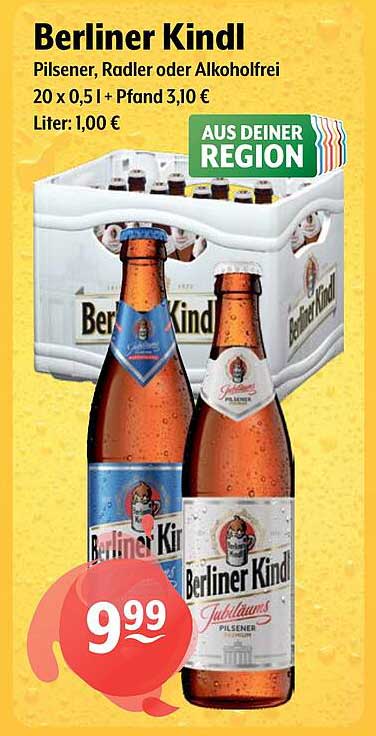 Berliner Kindl - Pilsener, Radler oder Alkoholfrei 20 x 0,5 l + Pfand 3,10 €