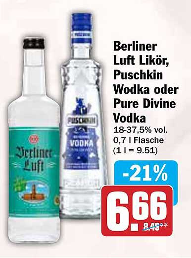 Berliner Luft Likör, Puschkin Wodka oder Pure Divine Vodka