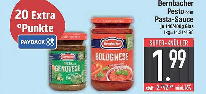 Bernbacher Pesto oder Pasta-Sauce 140/400g Glas für nur 1,99€