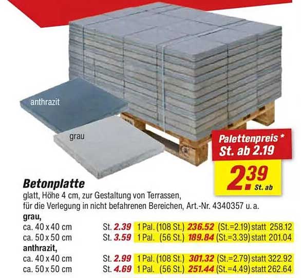 Betonplatte glatt, Höhe 4 cm zur Gestaltung von Terrassen