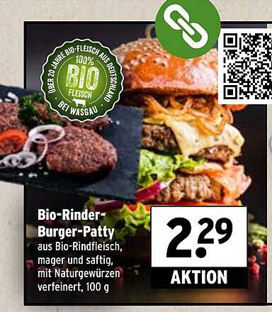 Bio-Rinder-Burger-Patty aus Bio-Rindfleisch, mager und saftig, mit Naturgewürzen verfeinert, 100 g