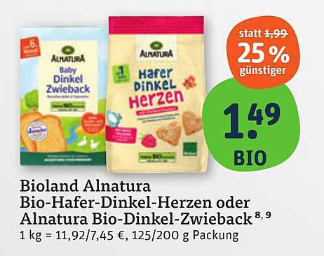 Bioland Alnatura Bio-Hafer-Dinkel-Herzen oder Alnatura Bio-Dinkel-Zwieback