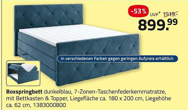 Boxspringbett dunkelblau mit 7-Zonen-Taschenfederkernmatratze