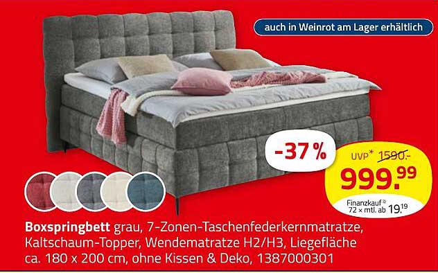 Boxspringbett grau, 7-Zonen-Taschenfederkernmatratze, Kaltschaum-Topper, Wendematratze H2/H3, Liegefläche ca. 180 x 200 cm, ohne Kissen & Deko
