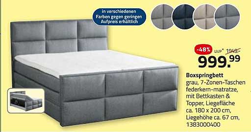 Boxspringbett grau, 7-Zonen-Taschenfederkernmatratze, mit Bettkasten & Topper, Liegefläche ca. 180 x 200 cm, Liegehöhe ca. 67 cm