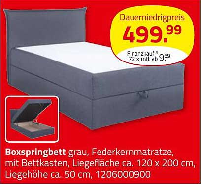 Boxspringbett grau, Federkernmatratze, mit Bettkasten, Liegefläche ca. 120 x 200 cm