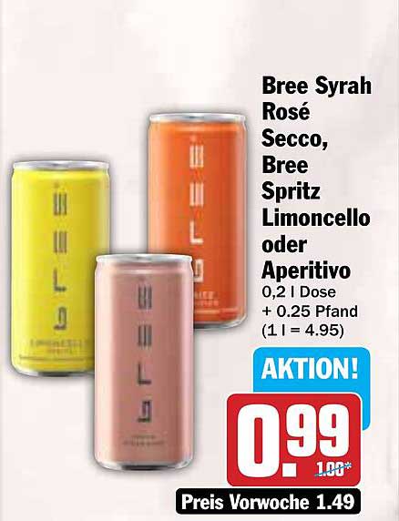 Bree Syrah Rosé Secco, Bree Spritz Limoncello oder Aperitivo 0,2 l Dose