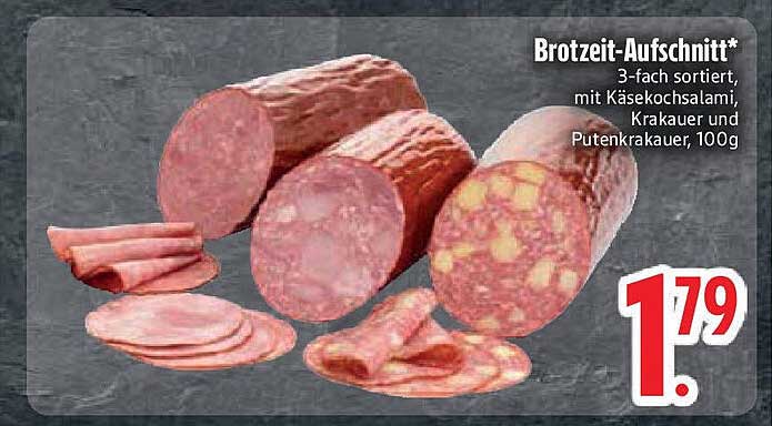 Brotzeit-Aufschnitt* 3-fach sortiert, mit Käsekochsalami, Krakauer und Putenkrauer, 100g