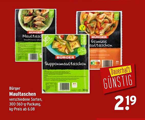 Bürger Maultaschen verschiedene Sorten, 300-360-g-Packung