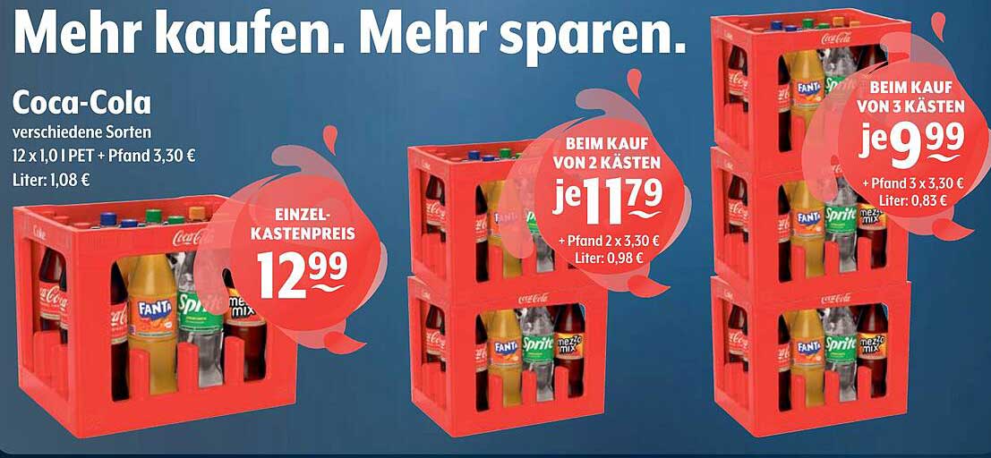 Coca-Cola verschiedene Sorten 12 x 1,0 L PET - Nur 9,99 € beim Kauf von 3 Kästen
