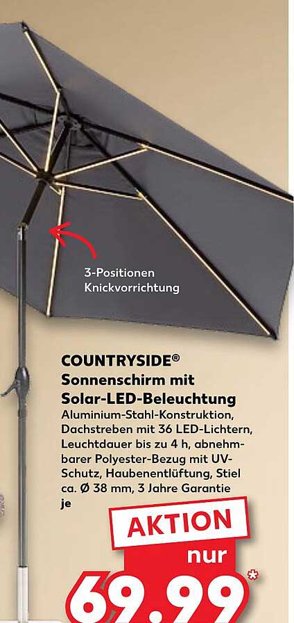 COUNTRYSIDE® Sonnenschirm mit Solar-LED-Beleuchtung