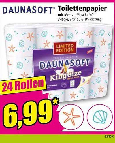 DAUNASOFT Toilettenpapier mit Motiv "Muscheln" - 3-lagig, 24 Rollen