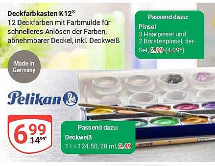 Deckfarbkasten K12® 12 Deckfarben mit Farbmulden für schnelles Anlösen der Farben, abnehmbarem Deckel, inkl. Deckweiß