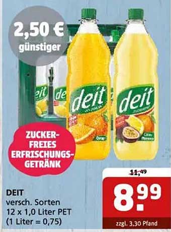 DEIT Zuckerfreies Erfrischungsgetränk – 12 x 1,0 Liter PET