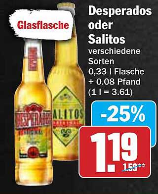 Desperados oder Salitos verschiedene Sorten 0,33 l Flasche + 0,08 Pfand (1 l = 3,61)