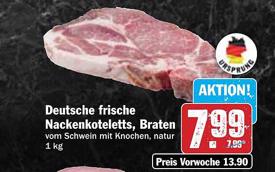Deutsche frische Nackensteaks, Braten vom Schwein mit Knochen, natur 1 kg