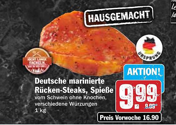 Deutsche marinierte Rücken-Steaks, Spieße vom Schwein ohne Knochen, verschiedene Würzungen