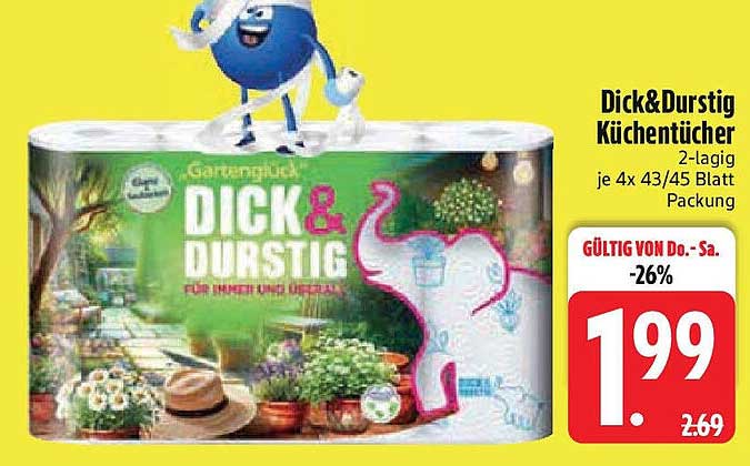Dick & Durstig Küchentücher 2-lagig, 4x 43/45 Blatt