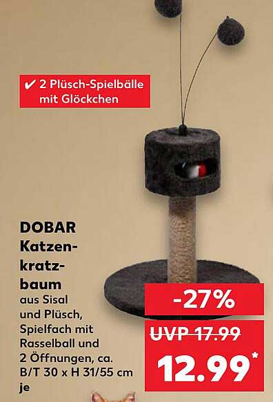 DOBAR Katzenkratzbaum aus Sisal und Plüsch, Spielfach mit Rasselball und 2 Öffnungen, ca. B/T 30 x H 31/55 cm je