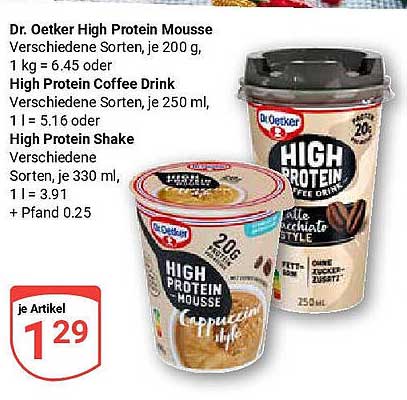 Dr. Oetker High Protein Mousse, High Protein Coffee Drink und High Protein Shake