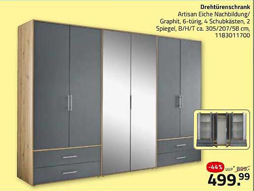 Drehtürenschrank Artisan Eiche Nachbildung/Graphit, 6-türig, 4 Schubkästen, 2 Spiegel