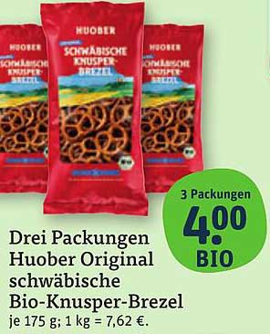Drei Packungen Huober Original schwäbische Bio-Knusper-Brezel