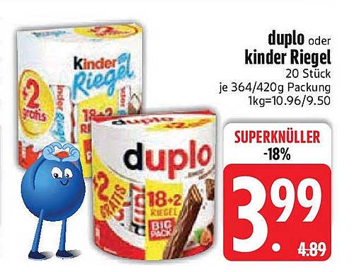 duplo oder kinder Riegel 20 Stück je 364/420g Packung