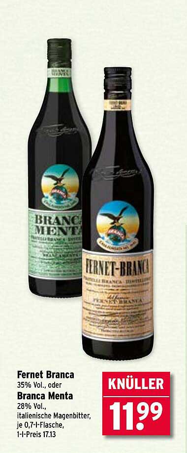 Fernet Branca 35% Vol. oder Branca Menta 28% Vol., italienische Magenbitter, je 0,7-l-Flasche