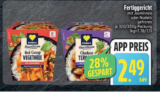 Fertiggericht mit Jasminreis oder Nudeln gefroren 320/350g Packung