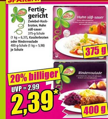 Fertiggericht: Zwiebel-Hackbraten, Huhn süß-sauer oder Rinderroulade
