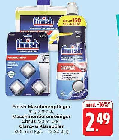 Finish Maschinenpflege 51 g, 3 Stück, Maschinenreiniger Citrus 250 ml oder Glanz- & Klarspüler 800 ml