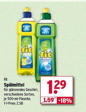 fit Spülmittel für glänzendes Geschirr, verschiedene Sorten, je 500-ml-Flasche