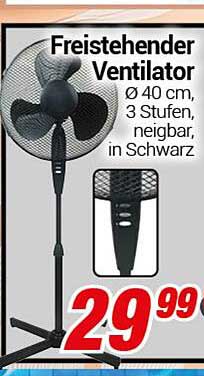 Freistehender Ventilator Ø 40 cm, 3 Stufen, neigbar, in Schwarz