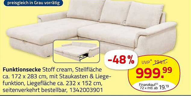 Funktionssecke Stoff cream mit Stauraum und Liegefunktion