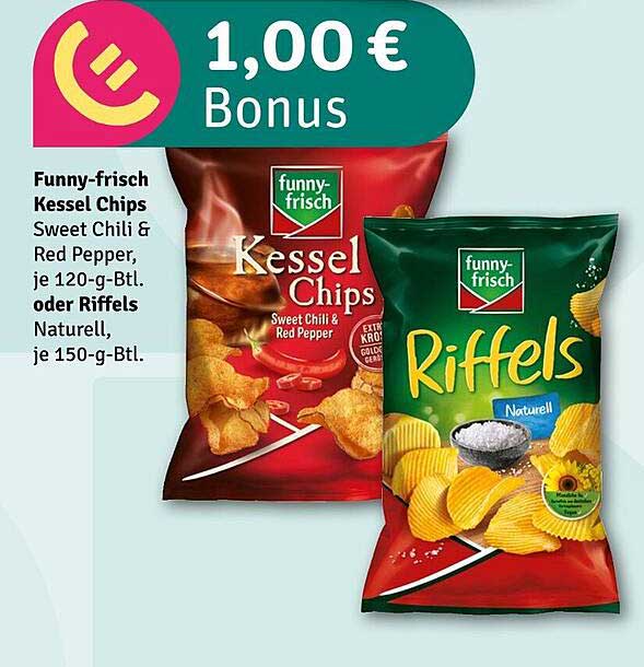 Funny-frisch Kessel Chips Sweet Chili & Red Pepper oder Riffels Naturell