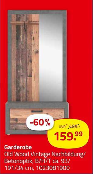 Garderobe Old Wood Vintage Nachbildung / Betonoptik, B/H/T ca. 93/191/34 cm