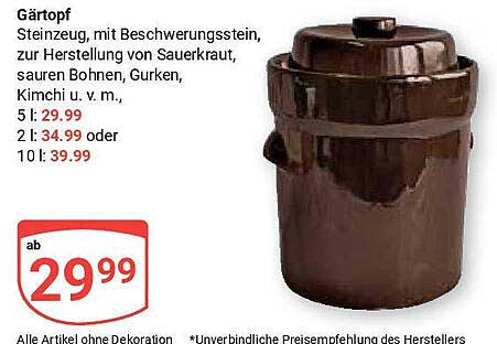 Gärtopf mit Beschwerungsstein zur Herstellung von Sauerkraut, sauren Bohnen, Gurken, Kimchi u. v. m.