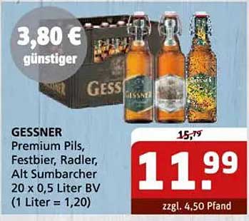 GESSNER Premium Pils, Festbier, Radler, Alt Sumbarcher 20 x 0,5 Liter BV