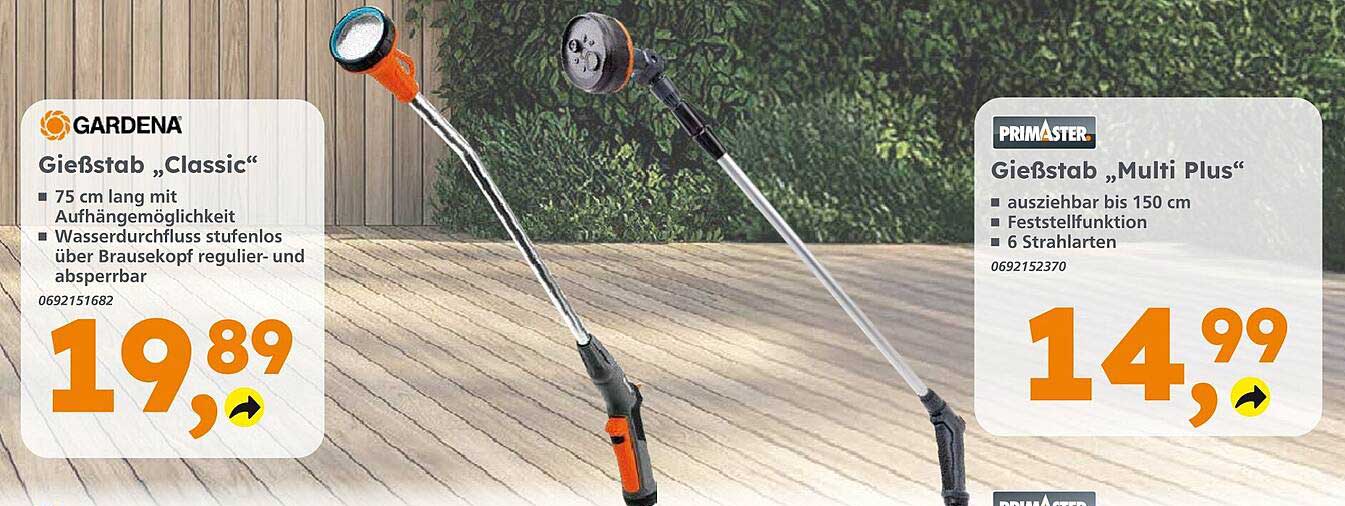 Gießstab "Classic" von Gardena und Gießstab "Multi Plus" von Primaster