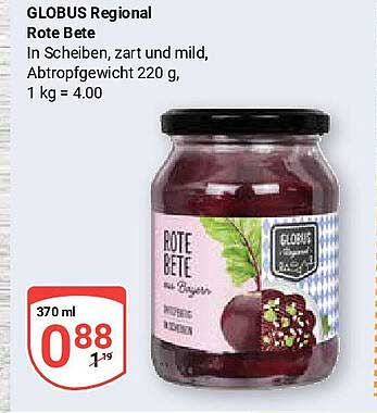 GLOBUS Regional Rote Bete in Scheiben, 370 ml