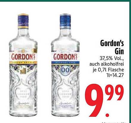 Gordon's Gin 37,5% Vol., auch alkoholfrei je 0,71 Flasche