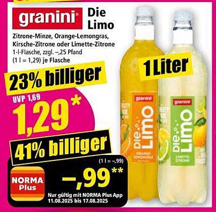 granini Die Limo – Zitronen-Minz, Orange-Lemongras, Kirsch-Zitrone oder Limette-Zitrone